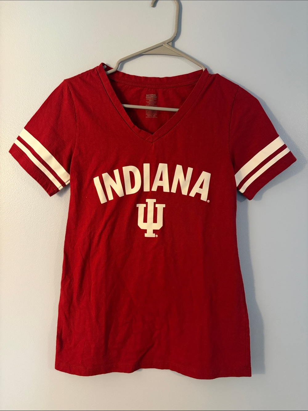 Indiana University Red V-Neck Tee with White Stripes 100% Cotton